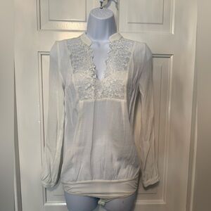 GENEVIE Lace Bodysuit Blouse Light Yellow Size S Sheer Long Sleeve